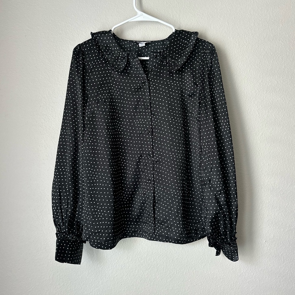 Topshop Black Polka Dot Blouse with Large Collar - size 4